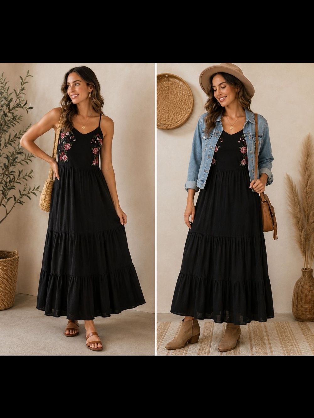 Kelly Renee ~ Black Embroidered Maxi Dress Boho Floral Sleeveless